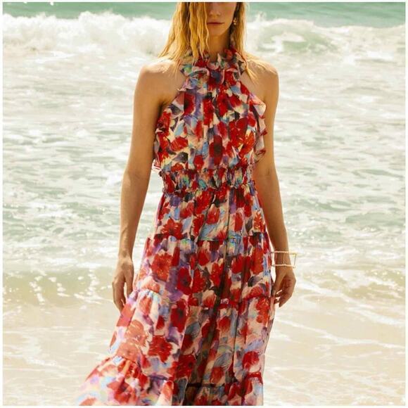 PATBO Violet Floral Flutter Halter Style Maxi Dress Size US 8 Cherry - Picture 13 of 15